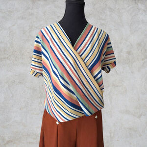 Monteau Women's Blouse Size S Multi-colour Striped Wrap Retro